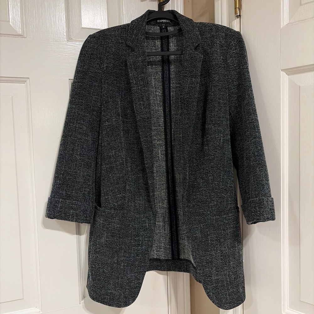 Express Womens Open Front Blazer Charcoal Gray XS Textured Knit Career Jacket
